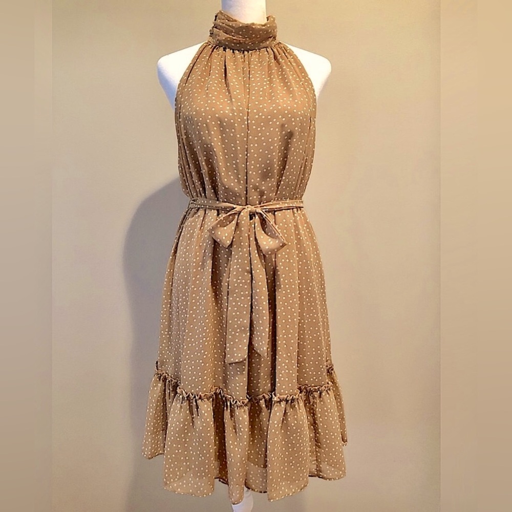 NWOT Taylor Size 6 Halter Brown White Polka Dot Dress Lined, Belt, Pretty Woman